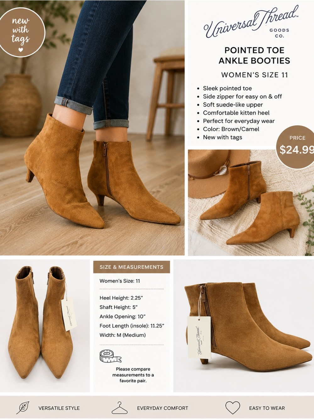 🆕Universal Thread Taylor Kitten Heel Ankle Boots with Zipper SZ 11- Tan - NEW